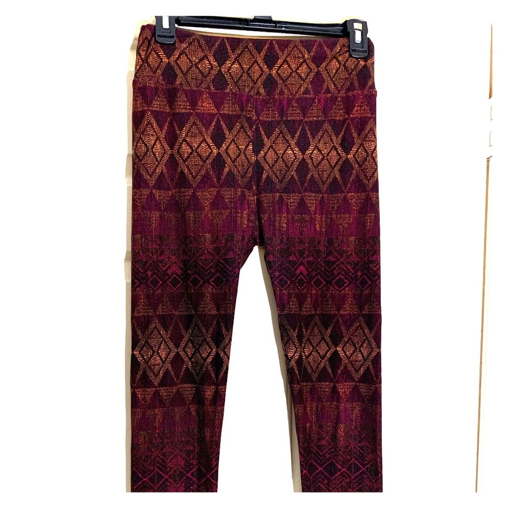 LuLa Roe leggings w/argyle burgandy/black/gold